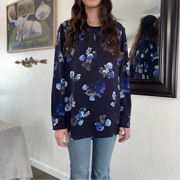 Thakoon Floral Print Round Neck Long Sleeve Pullover Sweatshirt Blue Combo Large - Picture 2 of 9